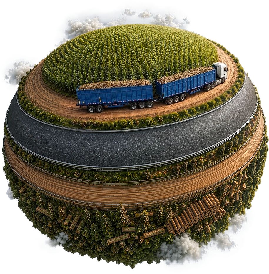 Esfera com canavial e caminhão para transporte de cana